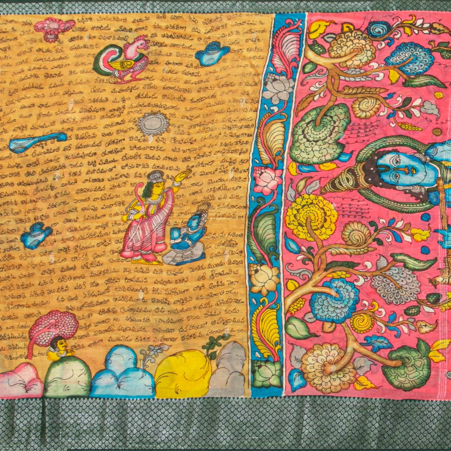 Yellow Ochre Handpainted Kalamkari Mangalgiri Silk Saree With Ramayan Script For Festive Wear PK MS 82