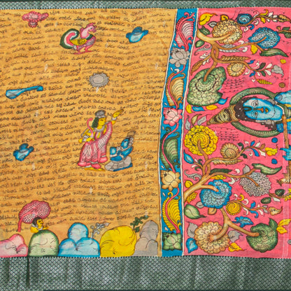 Yellow Ochre Handpainted Kalamkari Mangalgiri Silk Saree With Ramayan Script For Festive Wear PK MS 82