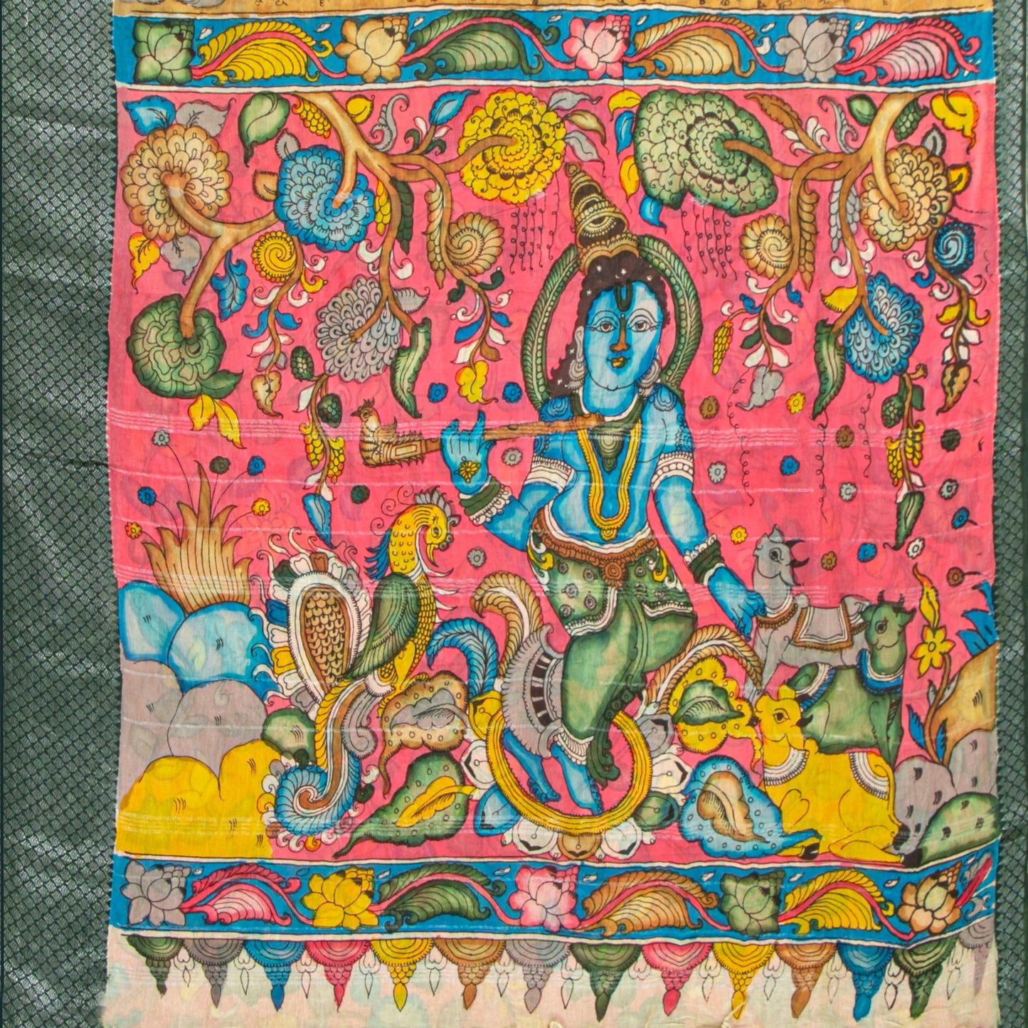 Yellow Ochre Handpainted Kalamkari Mangalgiri Silk Saree With Ramayan Script For Festive Wear PK MS 82