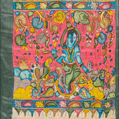 Yellow Ochre Handpainted Kalamkari Mangalgiri Silk Saree With Ramayan Script For Festive Wear PK MS 82