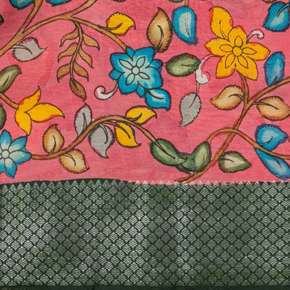Yellow Ochre Handpainted Kalamkari Mangalgiri Silk Saree With Ramayan Script For Festive Wear PK MS 82