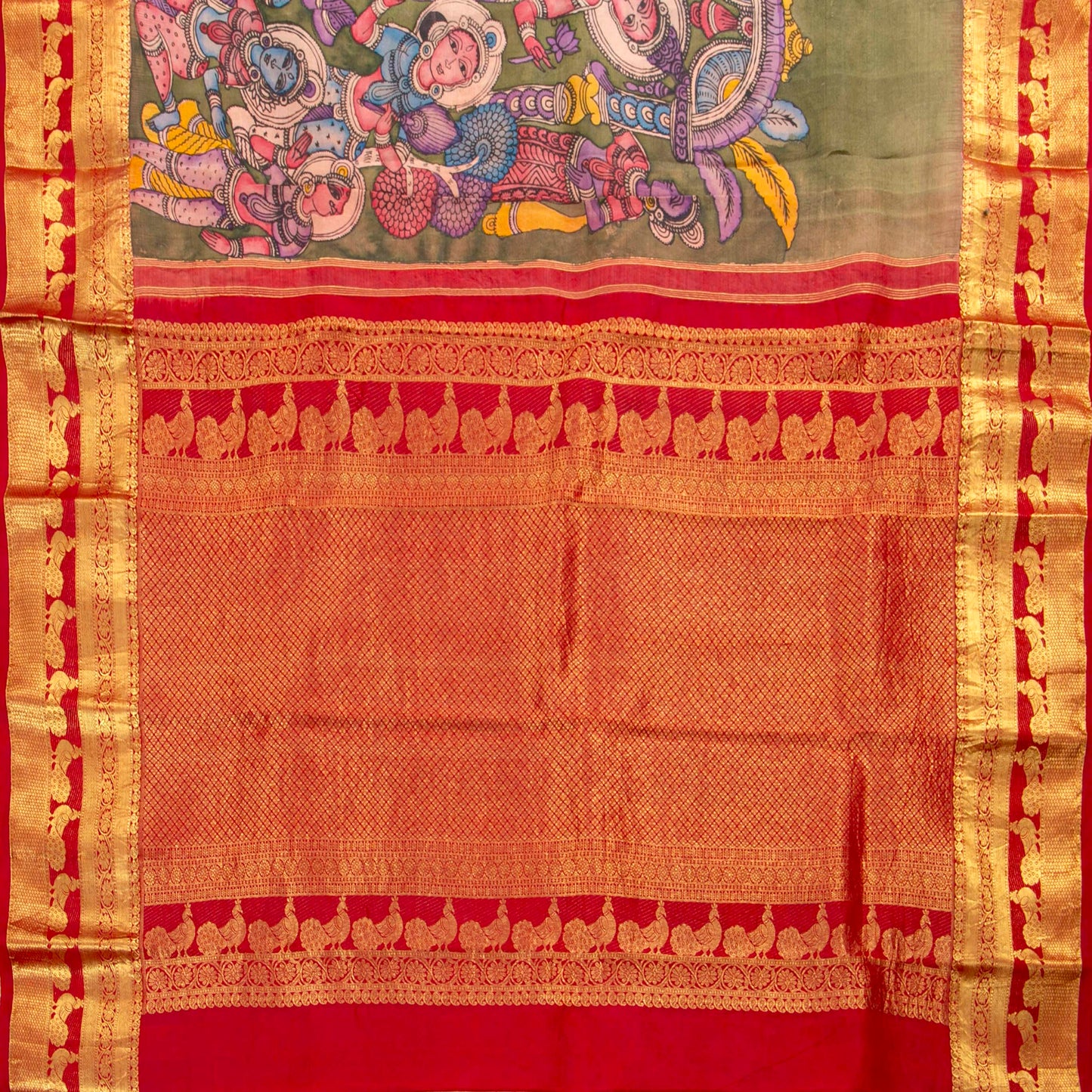 Ajantha Sculpture Themed Handpainted Kalamkari Kanchipuram Silk Saree For Office Wear PV SRK KK 113