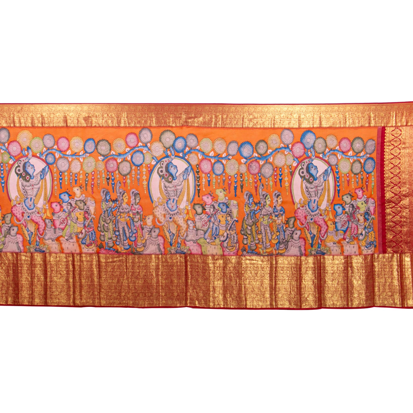 Maha Rasa Leela Themed Handpainted Kalamkari Kanchipuram Silk Saree in Orange And Red For Festive Wear PV SRK KK 112