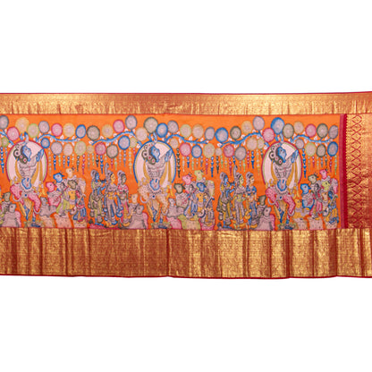 Maha Rasa Leela Themed Handpainted Kalamkari Kanchipuram Silk Saree in Orange And Red For Festive Wear PV SRK KK 112