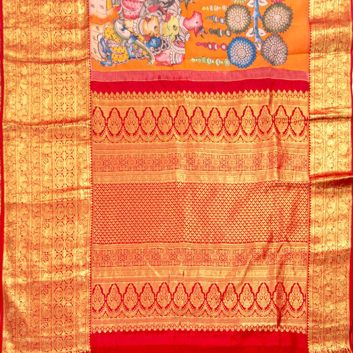 Maha Rasa Leela Themed Handpainted Kalamkari Kanchipuram Silk Saree in Orange And Red For Festive Wear PV SRK KK 112