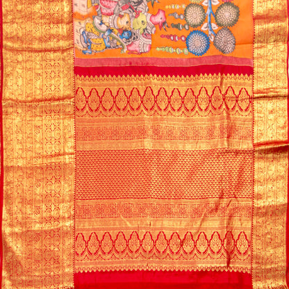 Maha Rasa Leela Themed Handpainted Kalamkari Kanchipuram Silk Saree in Orange And Red For Festive Wear PV SRK KK 112