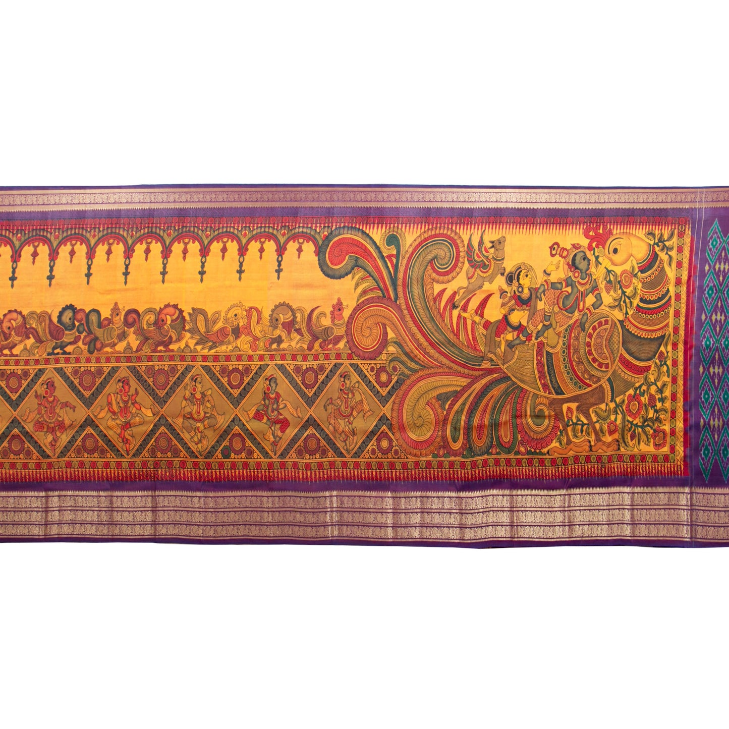 Radha And Krishna Themed Handpainted Kalamkari Kanchipuram Silk Saree For Festive Wear PV KAI IKS 103