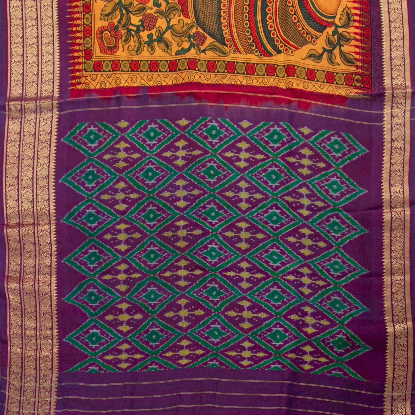 Radha And Krishna Themed Handpainted Kalamkari Kanchipuram Silk Saree For Festive Wear PV KAI IKS 103