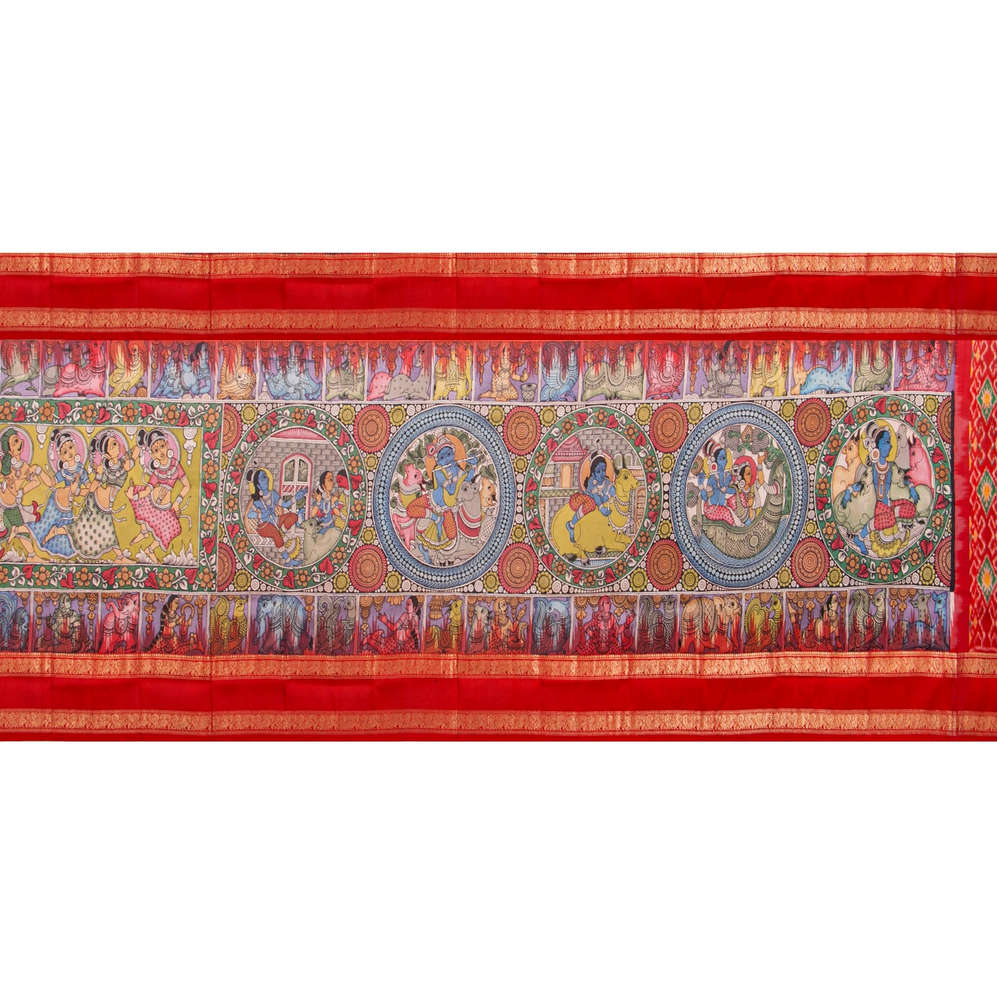 Krishna Leela Themed Handpainted Kalamkari Kanchipuram Silk Saree With Ikkat Pallu For Office Wear PV KAI IKS 101