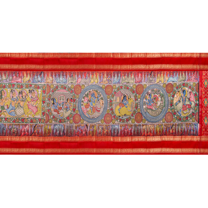 Krishna Leela Themed Handpainted Kalamkari Kanchipuram Silk Saree With Ikkat Pallu For Office Wear PV KAI IKS 101