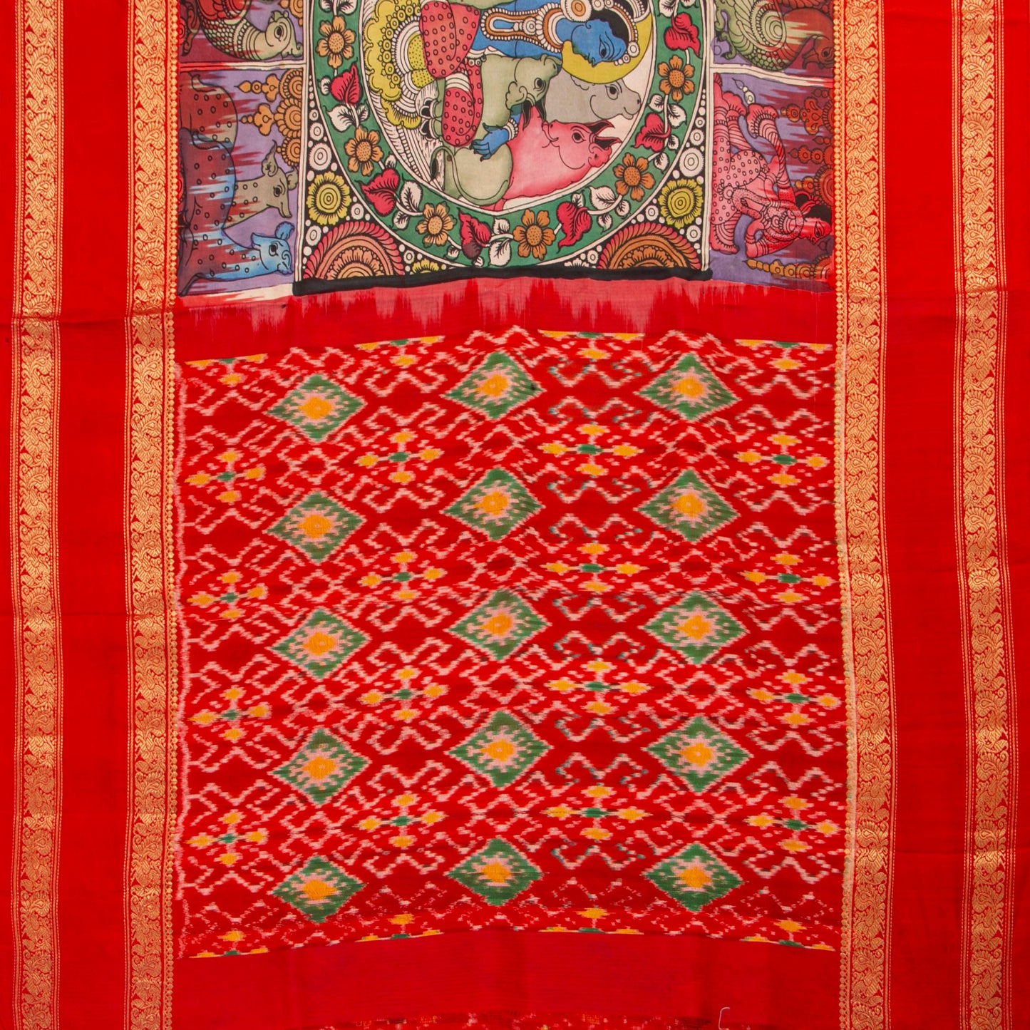 Krishna Leela Themed Handpainted Kalamkari Kanchipuram Silk Saree With Ikkat Pallu For Office Wear PV KAI IKS 101