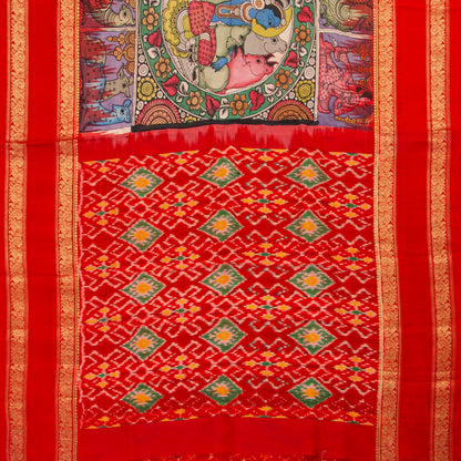 Krishna Leela Themed Handpainted Kalamkari Kanchipuram Silk Saree With Ikkat Pallu For Office Wear PV KAI IKS 101