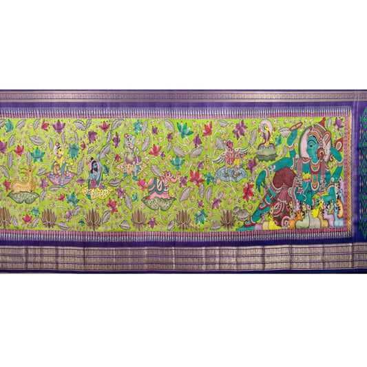 Maha Vishnu Themed Handpainted Kalamkari Kanchipuram Silk Saree For Festive Wear PV KAI IKS 104