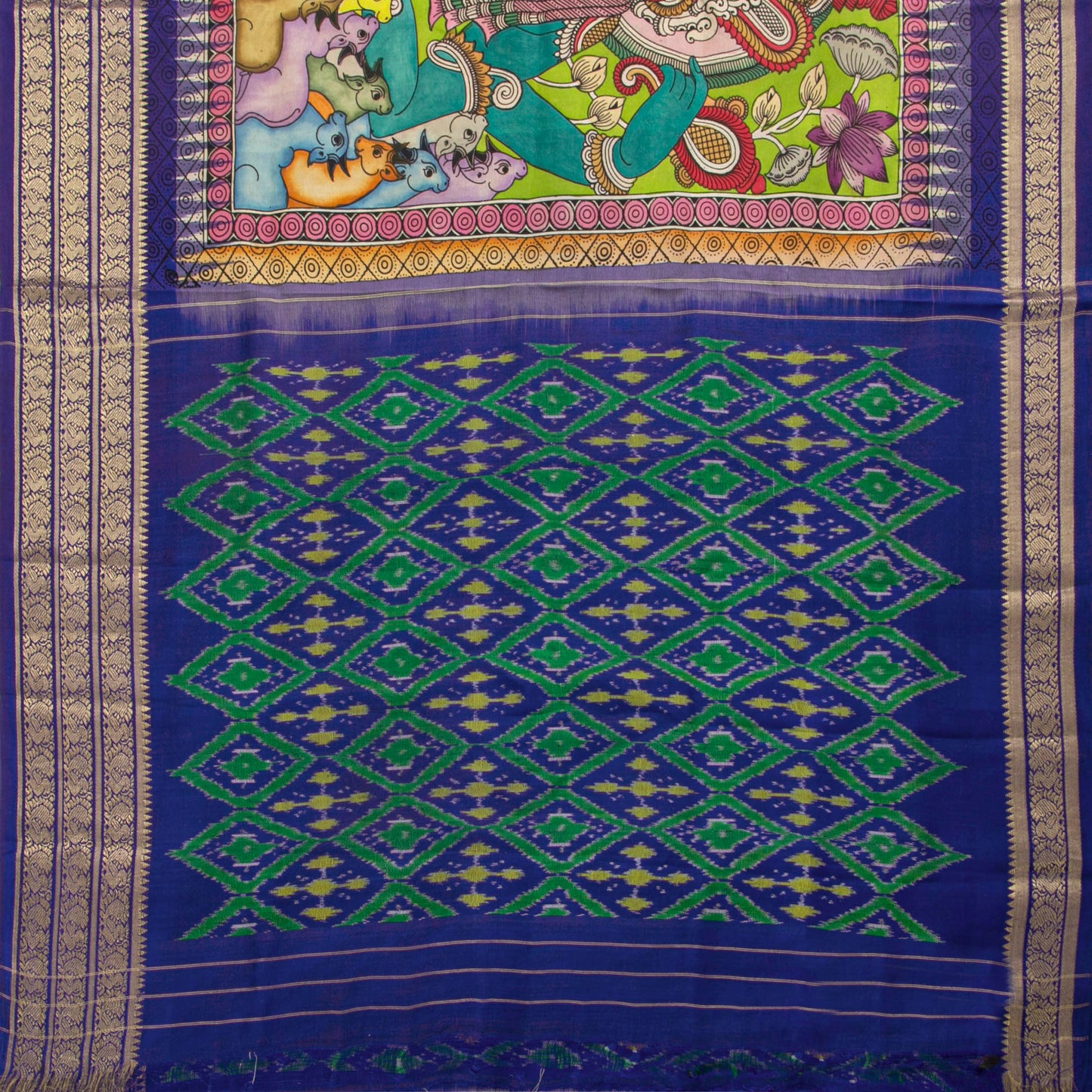 Maha Vishnu Themed Handpainted Kalamkari Kanchipuram Silk Saree For Festive Wear PV KAI IKS 104