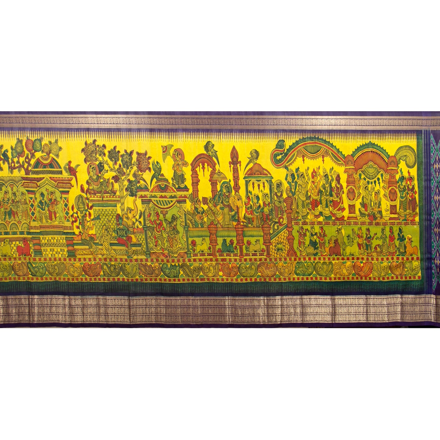 Royal Wedding Themed Handpainted Kalamkari Kanchipuram Silk Saree With Ikkat Pallu For Festive Wear PV KAI IKS 102