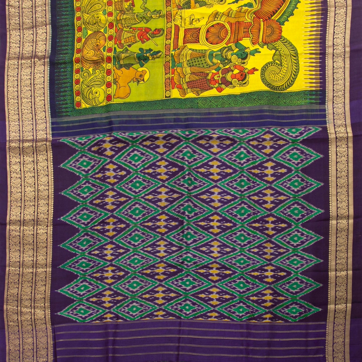 Royal Wedding Themed Handpainted Kalamkari Kanchipuram Silk Saree With Ikkat Pallu For Festive Wear PV KAI IKS 102