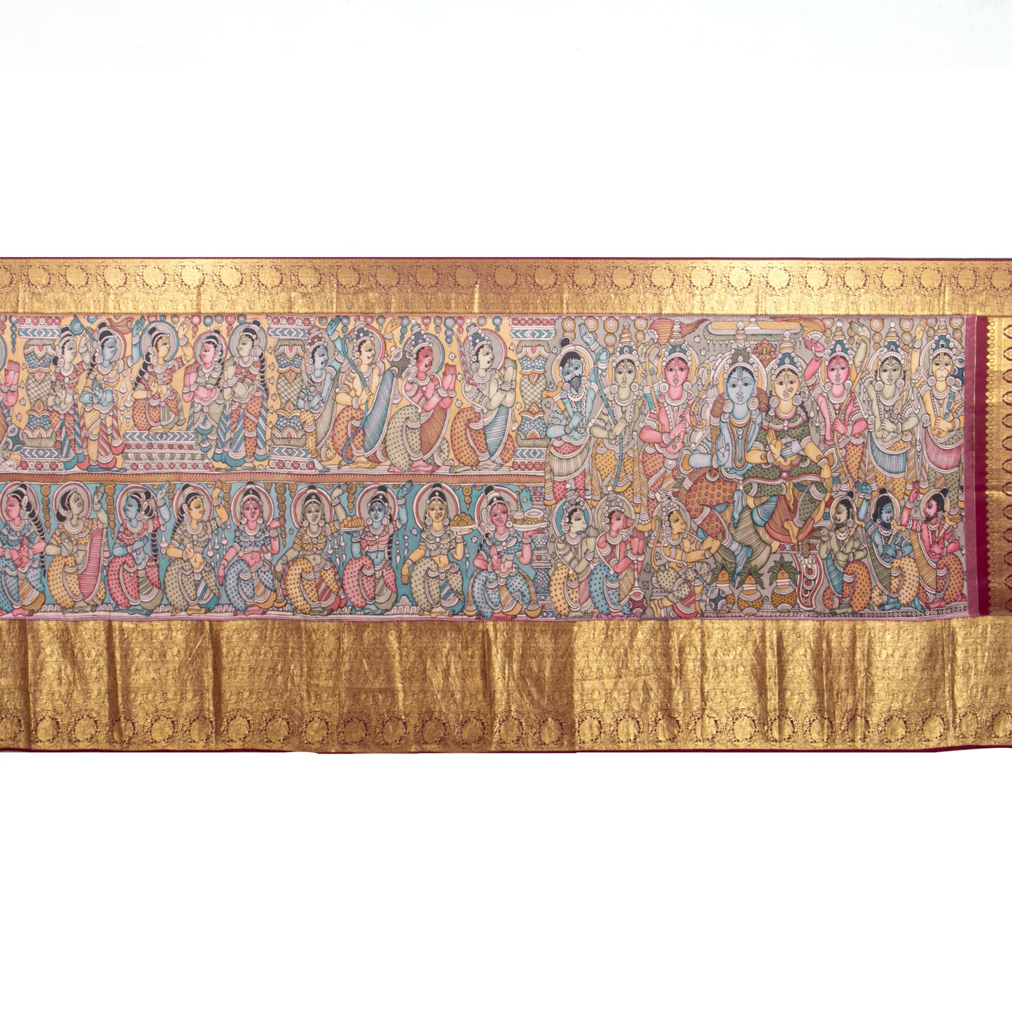Ram Darbar Themed Handpainted Kalamkari Kanchipuram Silk Saree PV KAI KK 101