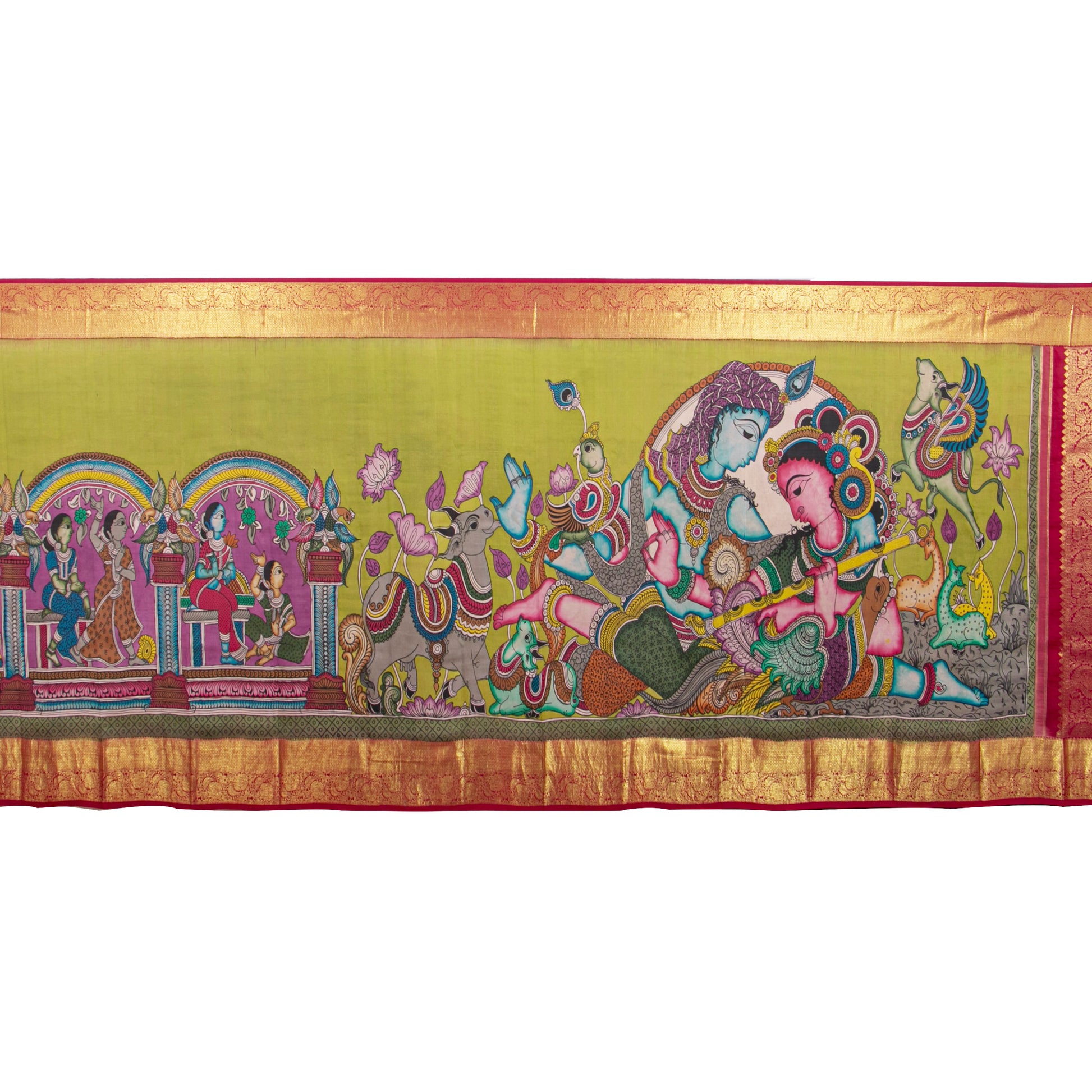 Krishna And Radha In Kunjavan Leela Handpainted Kalamkari Kanchipuram Silk Saree For Festive Wear PV KAI KK 103 - Kalamkari Silk - Panjavarnam PV KAI KK 103