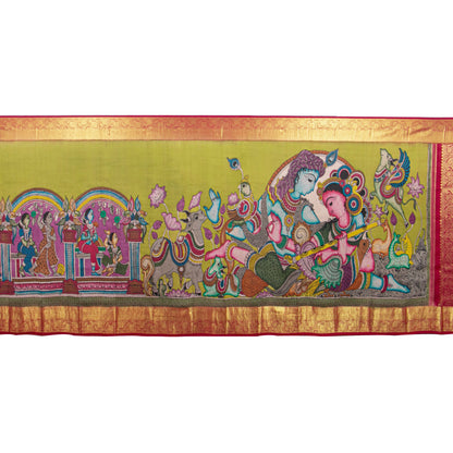Krishna And Radha In Kunjavan Leela Handpainted Kalamkari Kanchipuram Silk Saree For Festive Wear PV KAI KK 103 - Kalamkari Silk - Panjavarnam PV KAI KK 103