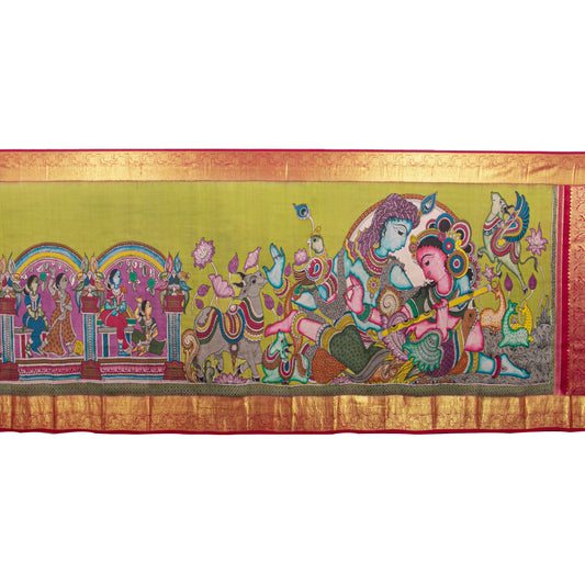 Krishna And Radha In Kunjavan Leela Handpainted Kalamkari Kanchipuram Silk Saree For Festive Wear PV KAI KK 103