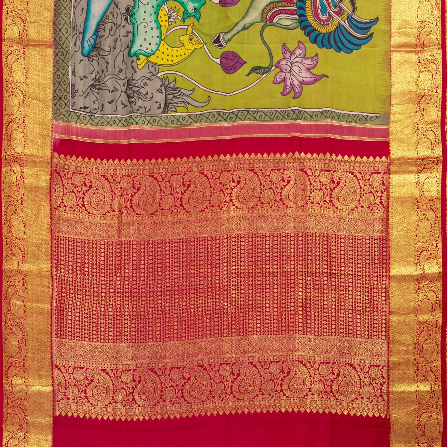 Krishna And Radha In Kunjavan Leela Handpainted Kalamkari Kanchipuram Silk Saree For Festive Wear PV KAI KK 103 - Kalamkari Silk - Panjavarnam PV KAI KK 103