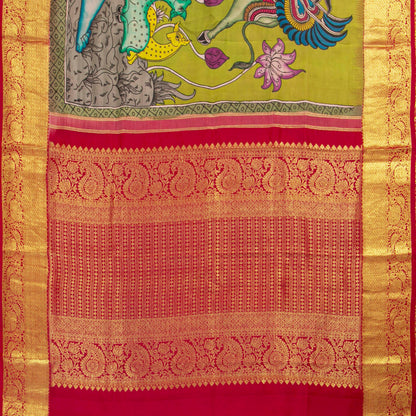 Krishna And Radha In Kunjavan Leela Handpainted Kalamkari Kanchipuram Silk Saree For Festive Wear PV KAI KK 103 - Kalamkari Silk - Panjavarnam PV KAI KK 103