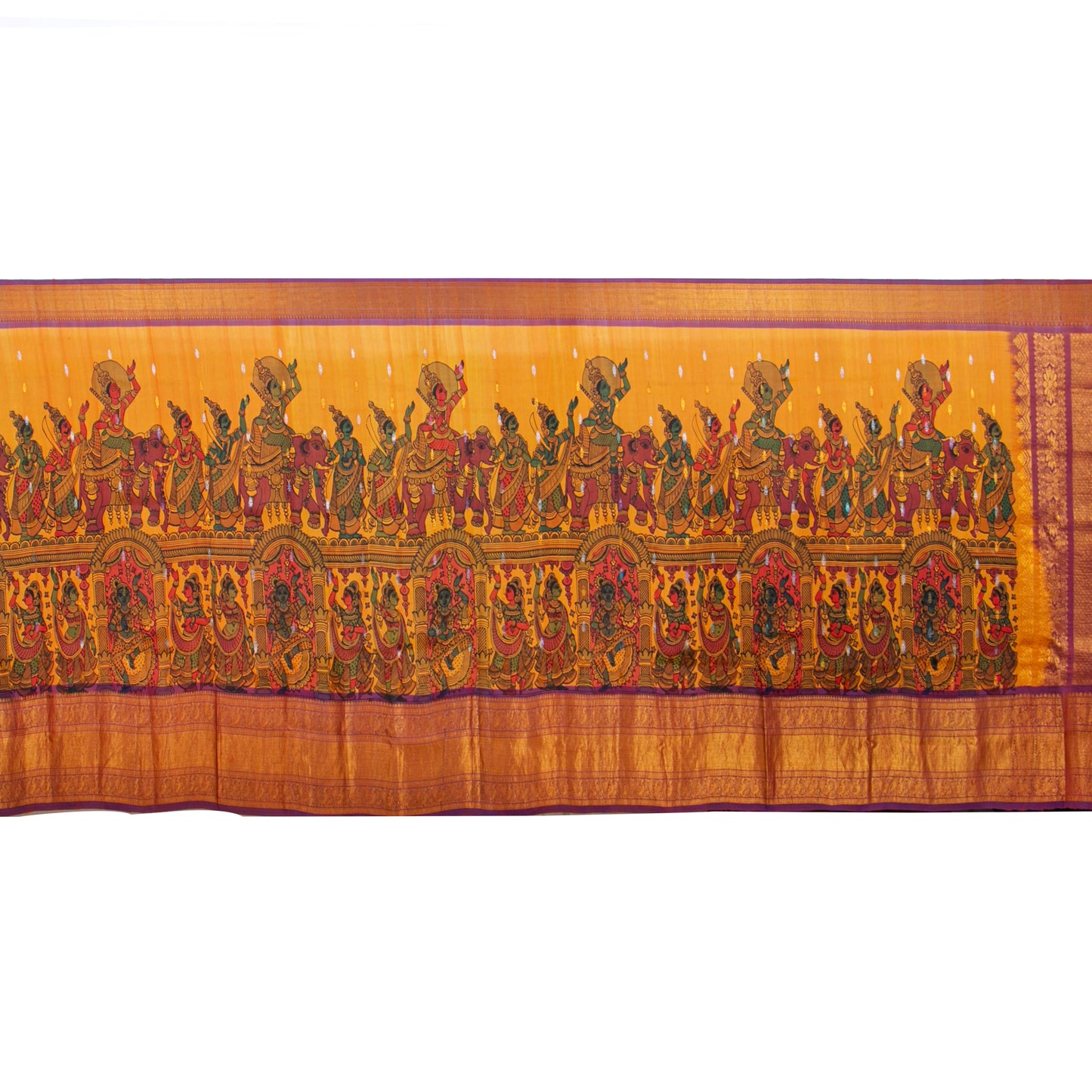Lord Krishna's Triumph Themed Handpainted Kalamkari Kanchipuram Silk Saree For Festive Wear PV KAI KGS 102
