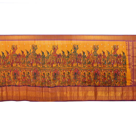 Lord Krishna's Triumph Themed Handpainted Kalamkari Kanchipuram Silk Saree For Festive Wear PV KAI KGS 102