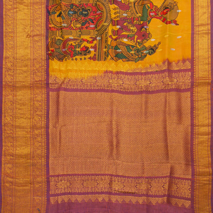 Lord Krishna's Triumph Themed Handpainted Kalamkari Kanchipuram Silk Saree For Festive Wear PV KAI KGS 102