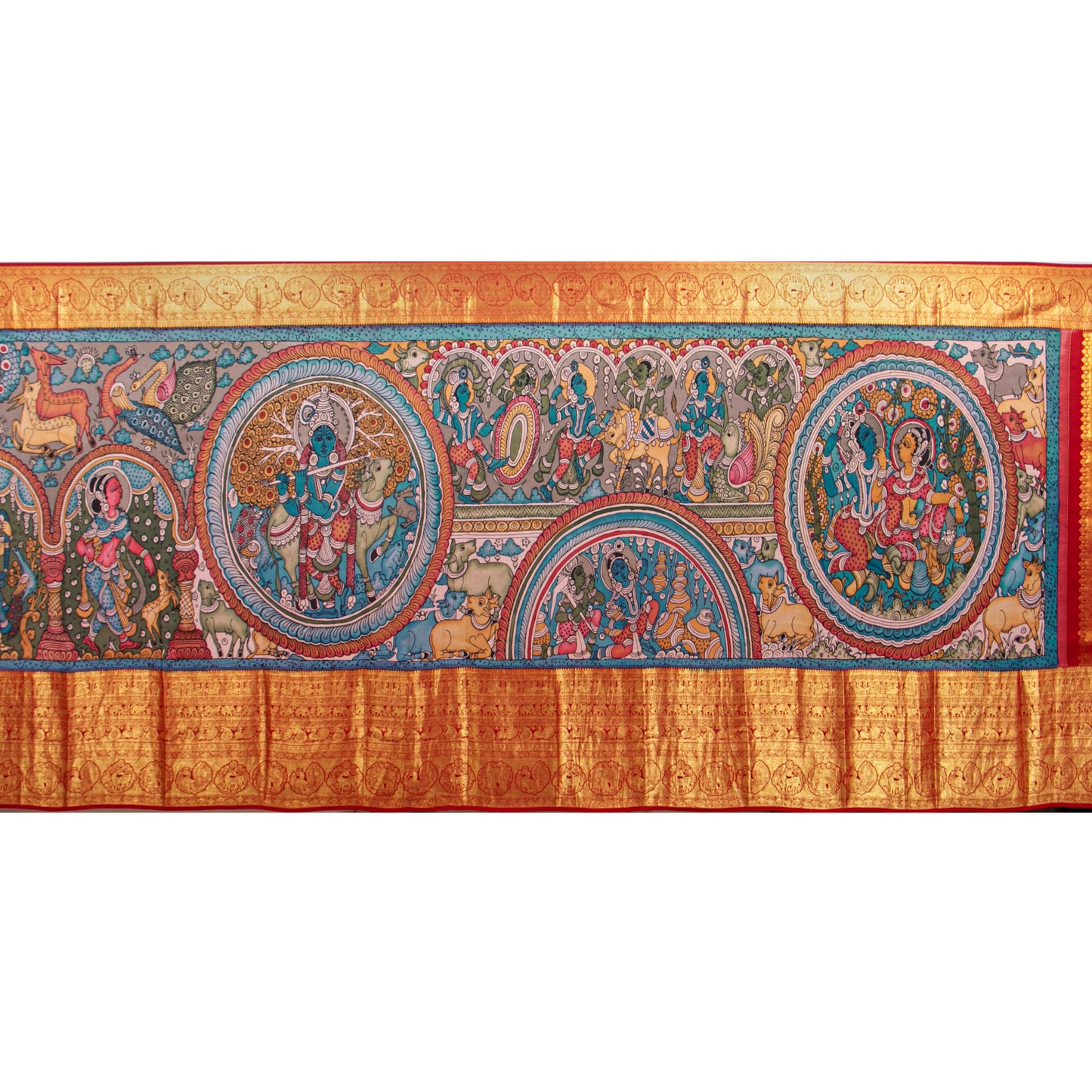 Krishna Leela Themed Blue And Red Handpainted Kalamkari Kanchipuram Silk Saree For Festive Wear PV KAI KK 102