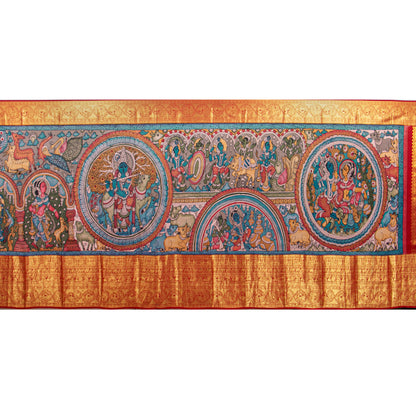 Krishna Leela Themed Blue And Red Handpainted Kalamkari Kanchipuram Silk Saree For Festive Wear PV KAI KK 102