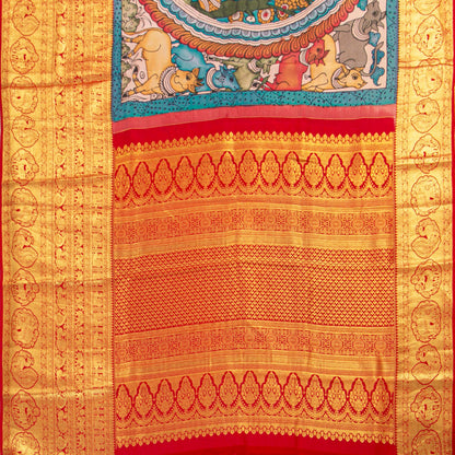 Krishna Leela Themed Blue And Red Handpainted Kalamkari Kanchipuram Silk Saree For Festive Wear PV KAI KK 102