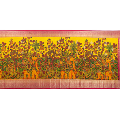 Krishna And Radha In Rasa Leela Themed Handpainted Kalamkari Kanchipuram Silk Saree For Festive Wear PV KAI KGS 104