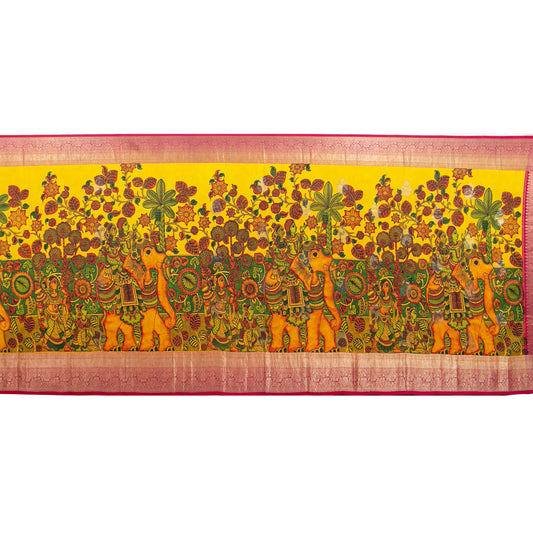 Krishna And Radha In Rasa Leela Themed Handpainted Kalamkari Kanchipuram Silk Saree For Festive Wear PV KAI KGS 104