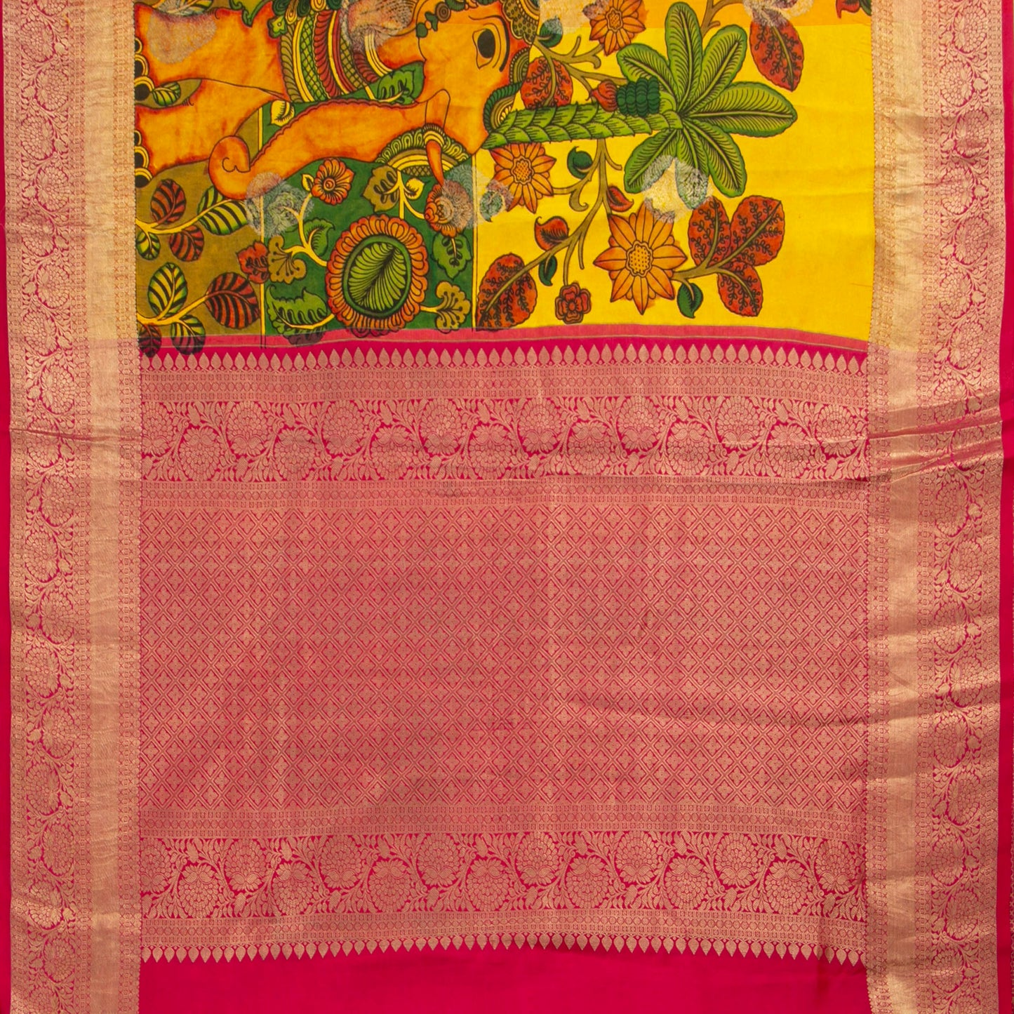 Krishna And Radha In Rasa Leela Themed Handpainted Kalamkari Kanchipuram Silk Saree For Festive Wear PV KAI KGS 104