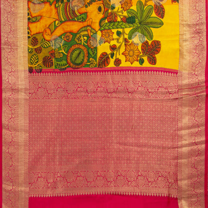 Krishna And Radha In Rasa Leela Themed Handpainted Kalamkari Kanchipuram Silk Saree For Festive Wear PV KAI KGS 104