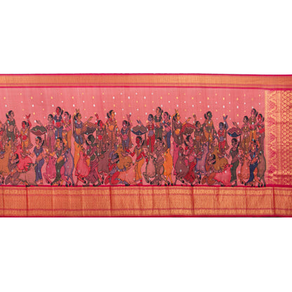 Pink and Red Handpainted Kalamkari Kanchipuram Silk Saree With Village Marketplace Theme For Festive Wear PV KAI KGS 101