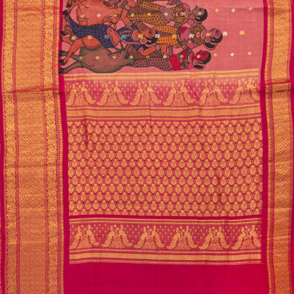 Pink and Red Handpainted Kalamkari Kanchipuram Silk Saree With Village Marketplace Theme For Festive Wear PV KAI KGS 101