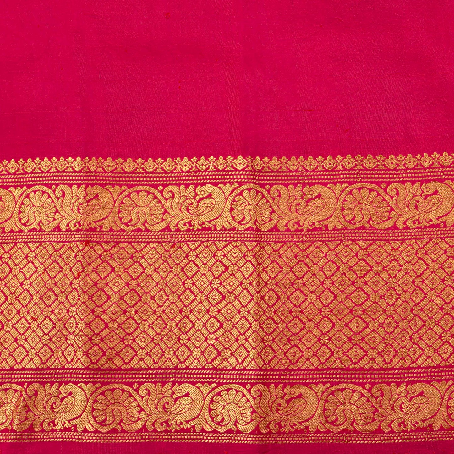 Pink and Red Handpainted Kalamkari Kanchipuram Silk Saree With Village Marketplace Theme For Festive Wear PV KAI KGS 101