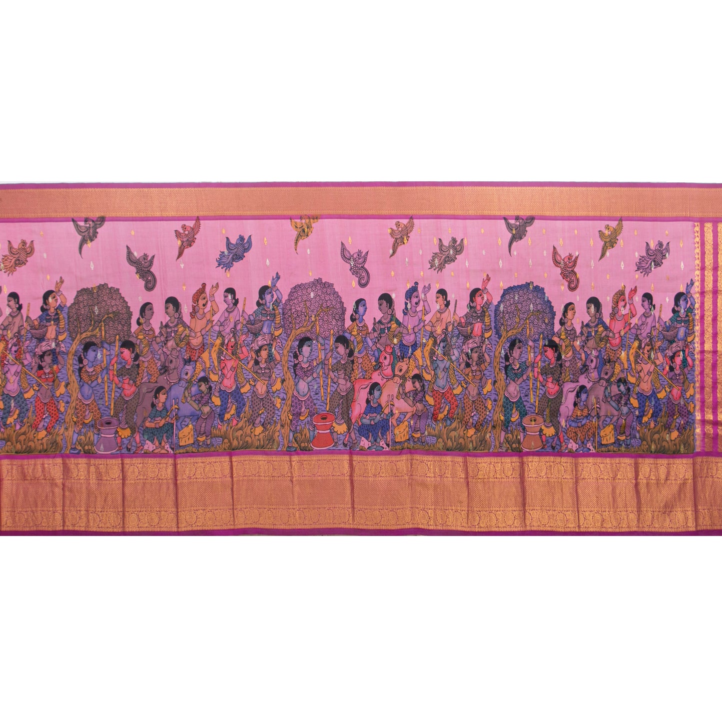 Village Life Themed Handpainted Kalamkari Kanchipuram Silk Saree For Office Wear PV KAI KGS 103