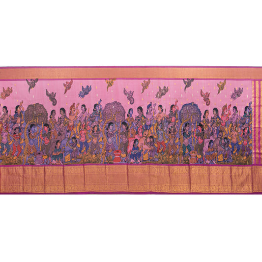 Village Life Themed Handpainted Kalamkari Kanchipuram Silk Saree For Office Wear PV KAI KGS 103