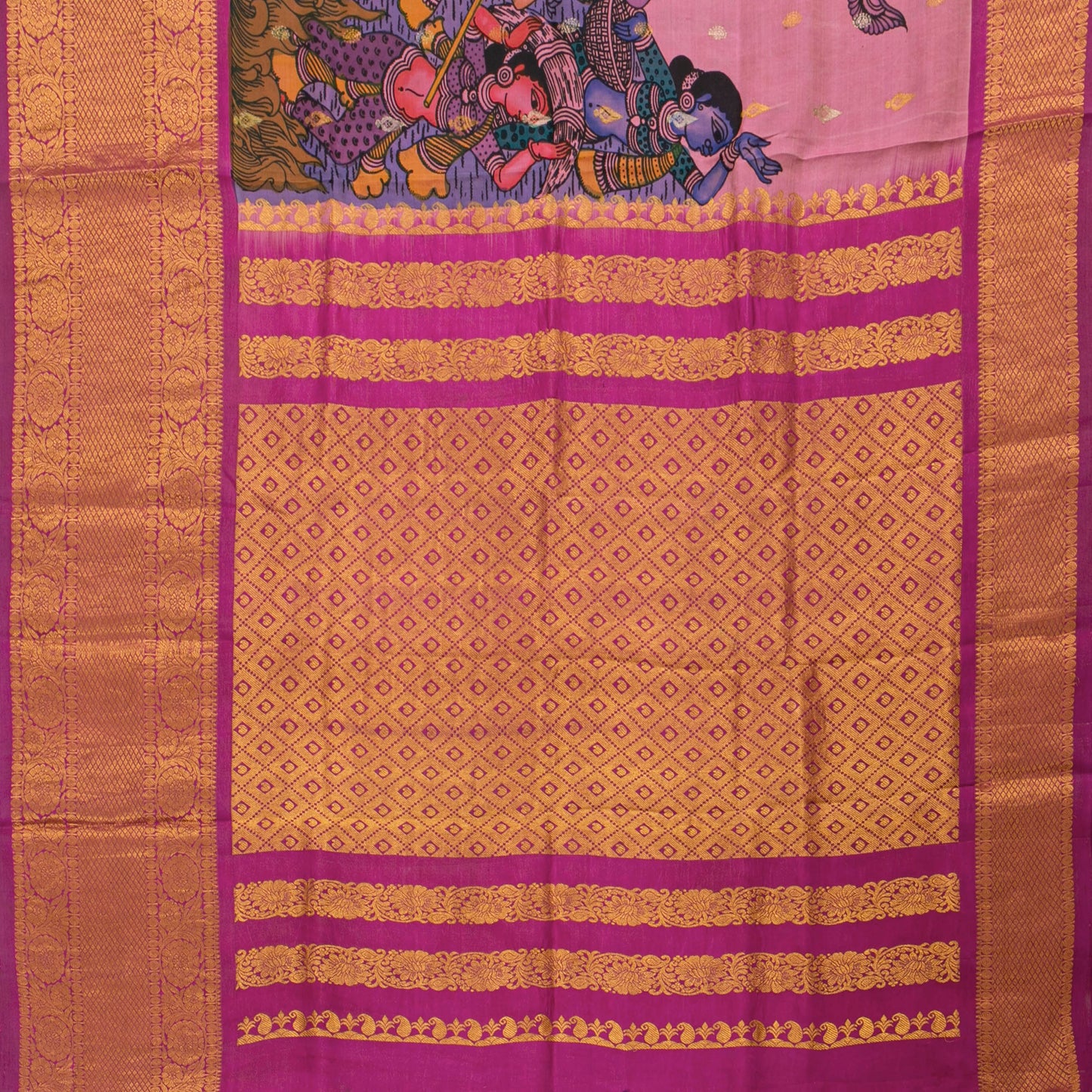 Village Life Themed Handpainted Kalamkari Kanchipuram Silk Saree For Office Wear PV KAI KGS 103