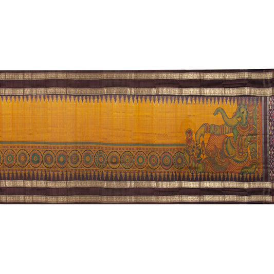 Lord Ganesha Themed Handpainted Kalamkari Kanchipuram Silk Saree For Festive Wear PV KAI IKS 105