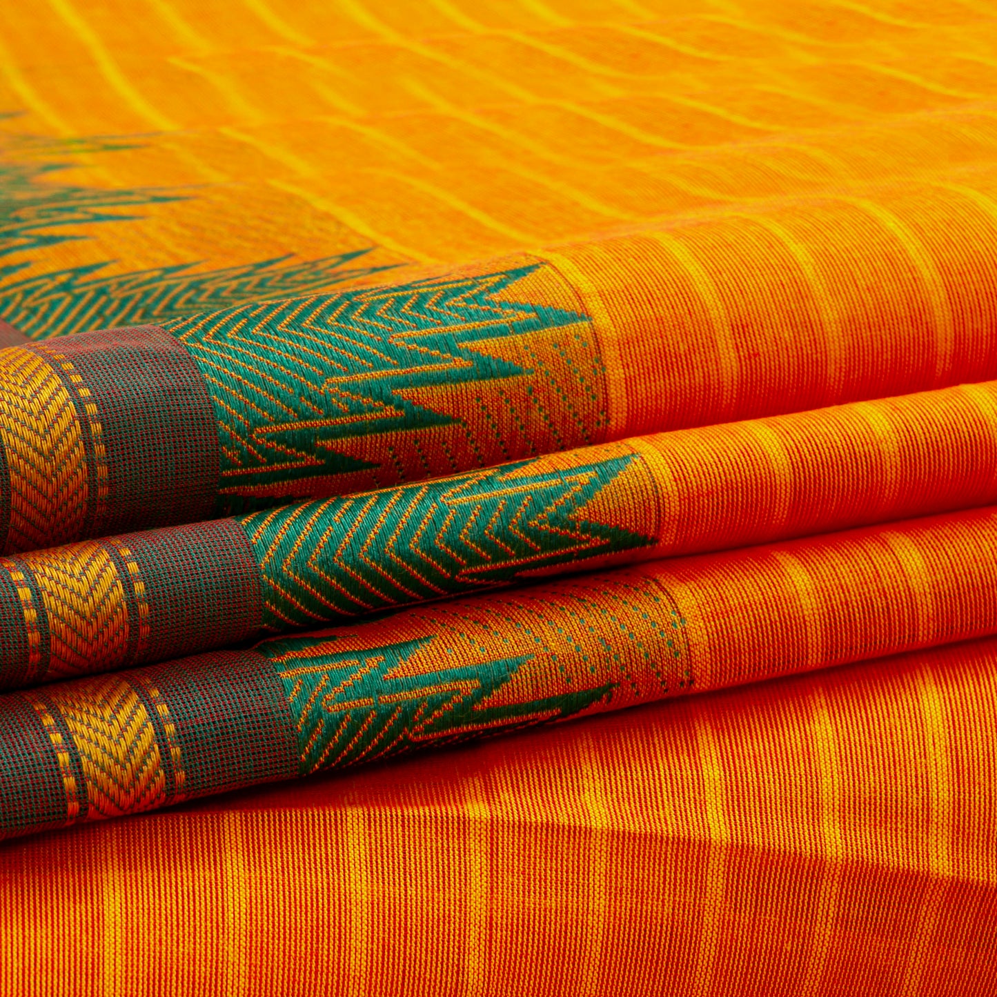 Mango Yellow Kanchi Cotton Saree With Green And Red Ganga Jamuna Border PV MM KC 198