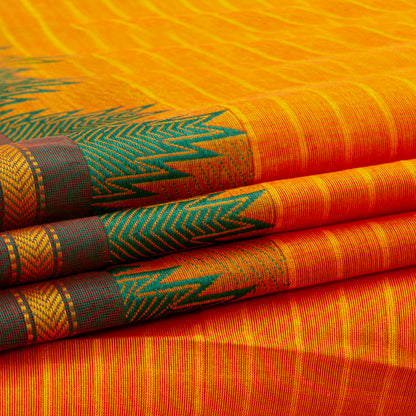 Mango Yellow Kanchi Cotton Saree With Green And Red Ganga Jamuna Border PV MM KC 198