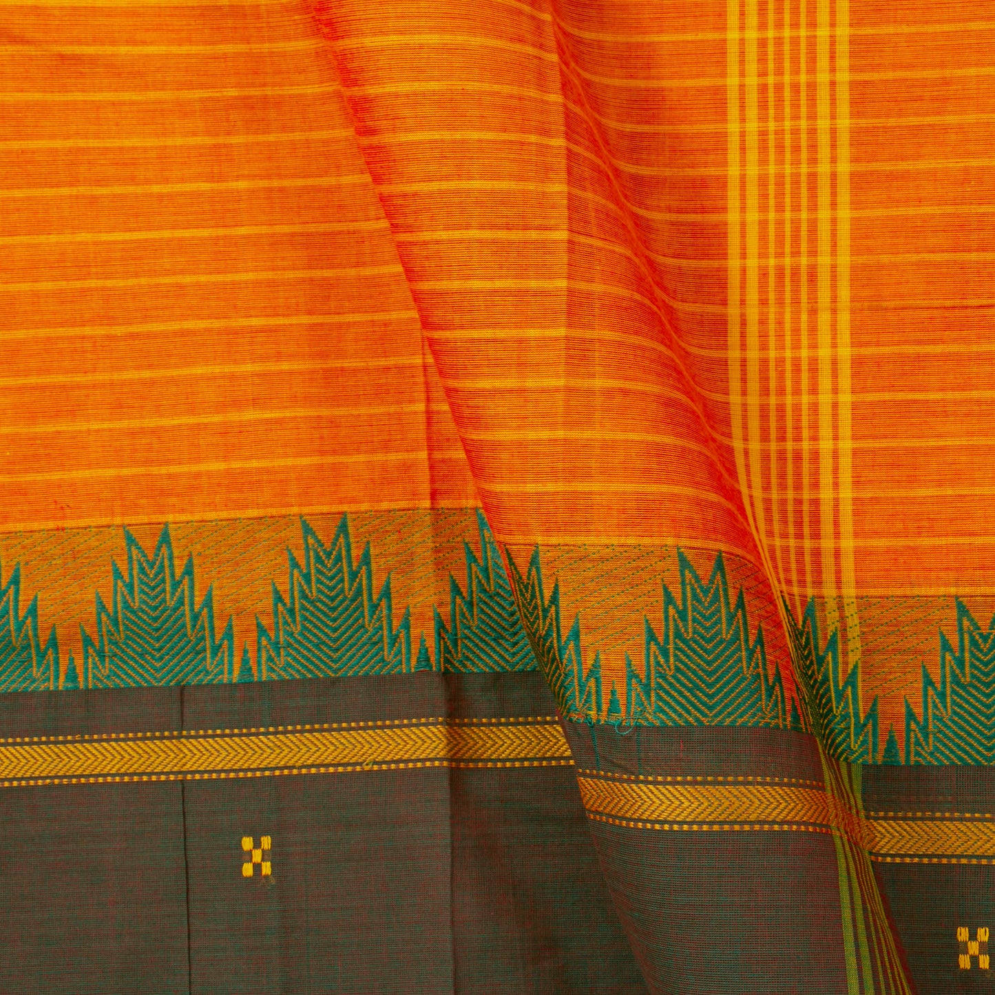 Mango Yellow Kanchi Cotton Saree With Green And Red Ganga Jamuna Border PV MM KC 198