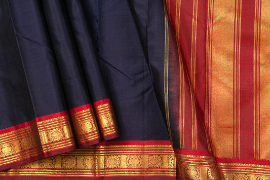 Navy Blue And Red Kanchipuram Silk Saree With Short Border Handwoven Pure Silk For Festive Wear PV J 553