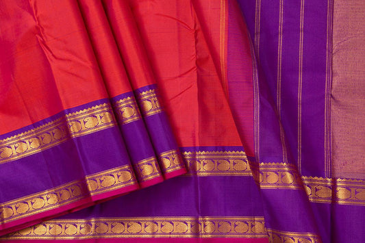 Pink And Purple Kanchipuram Silk Saree With Medium Rettai Pettu Border Border Handwoven Pure Silk For Festive Wear PV J 552