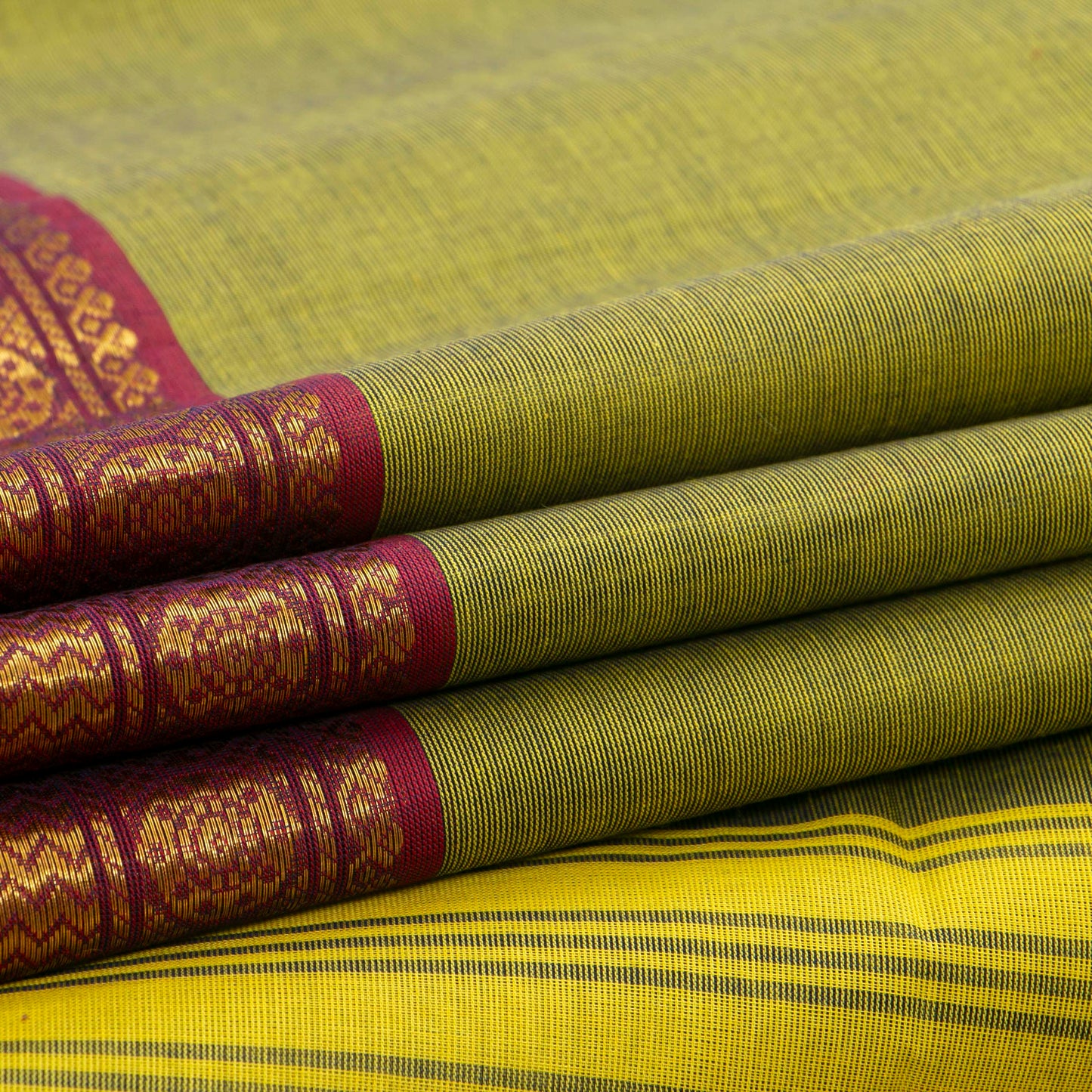Green And Red Kanchi Cotton Saree With Zari Border For Office Wear PV MM KC 497