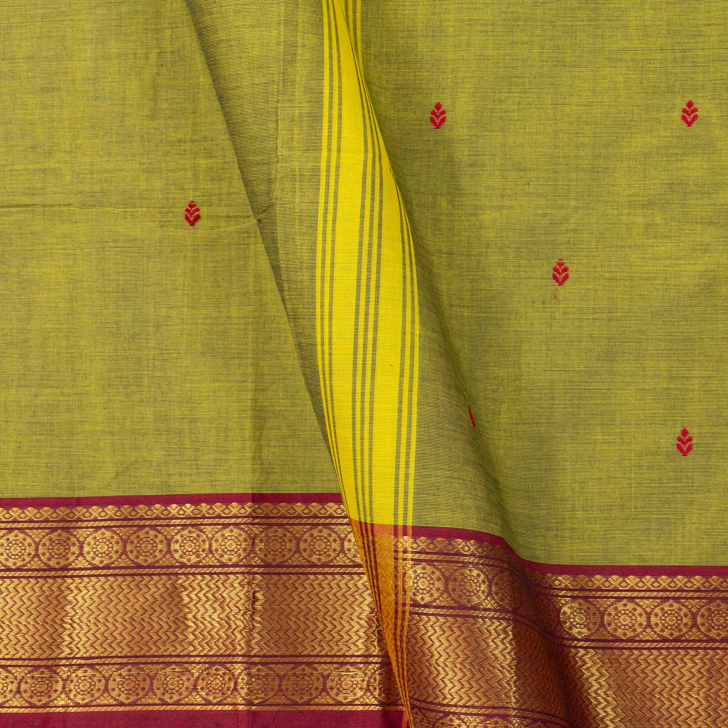 Green And Red Kanchi Cotton Saree With Zari Border For Office Wear PV MM KC 497